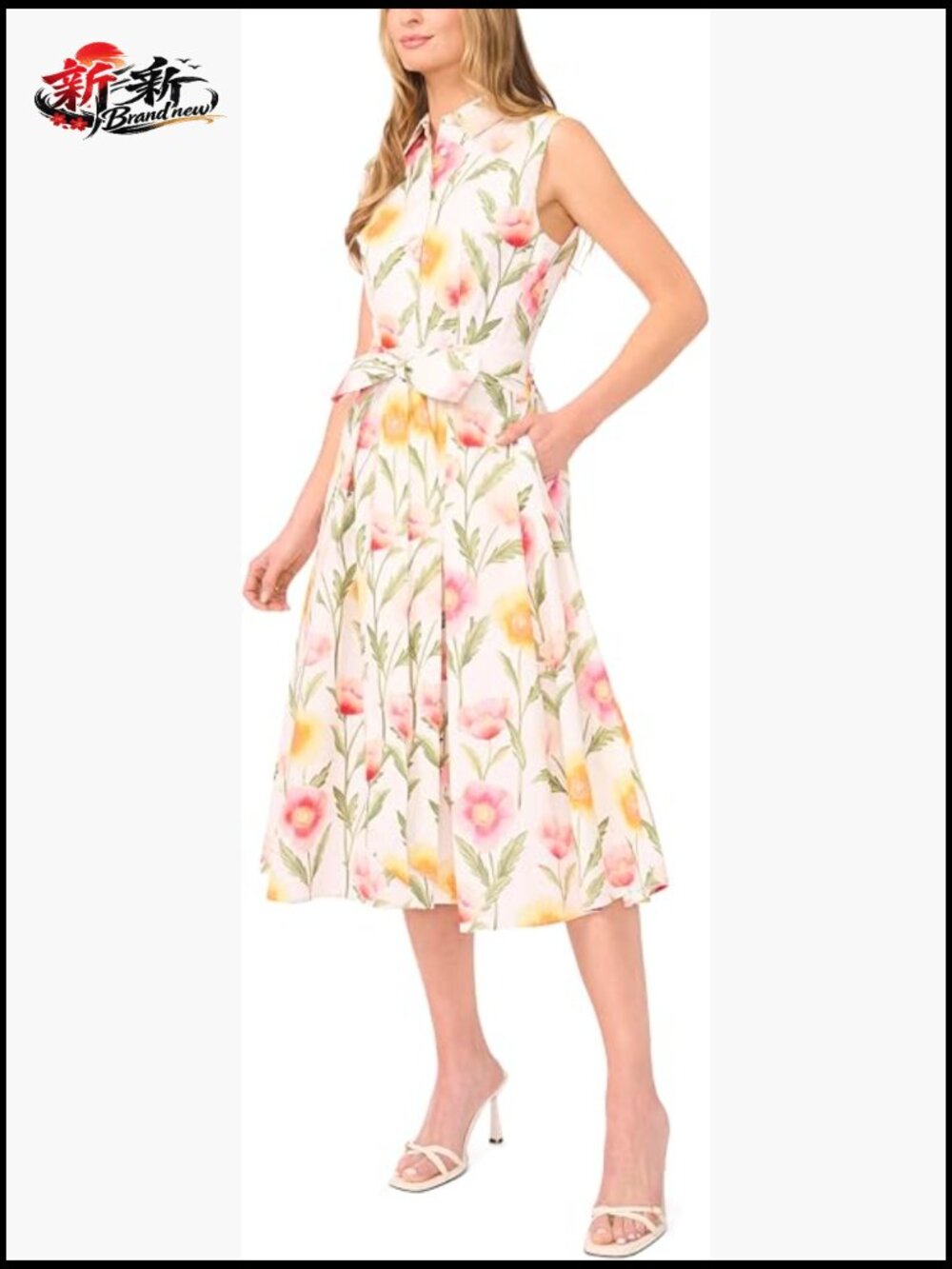 Sleeveless Collared Button Down Midi Dress Fit & Flare Cotton